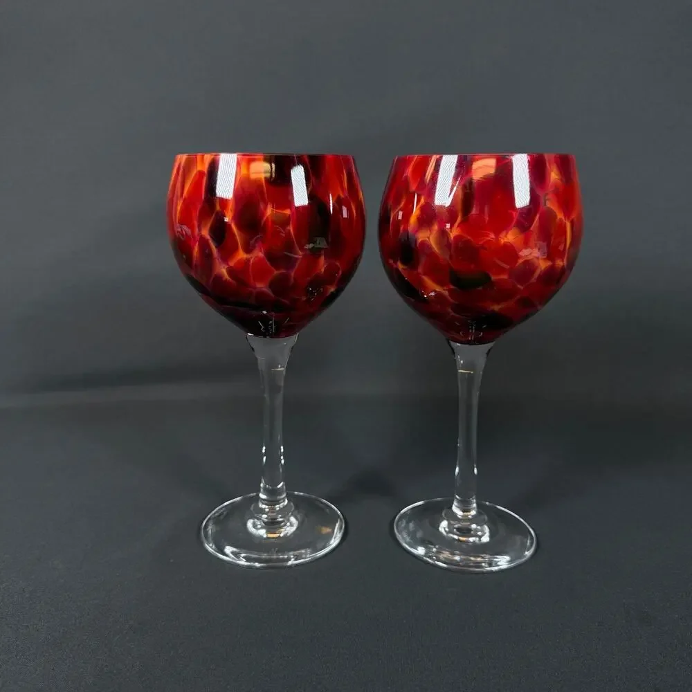 Lot of 2 Crystal Glass Wine Goblets Red Orange Swirl Signed studio art craft